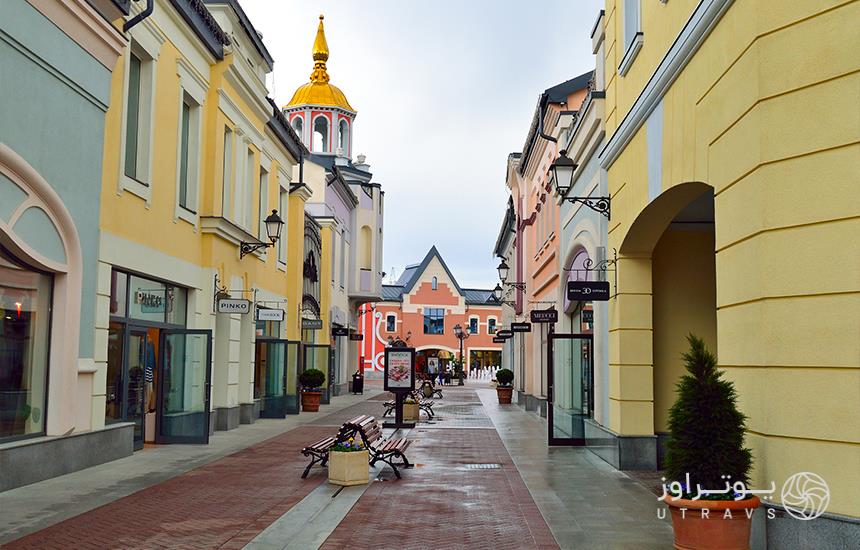 Outlet Village shopping center with classic European architecture